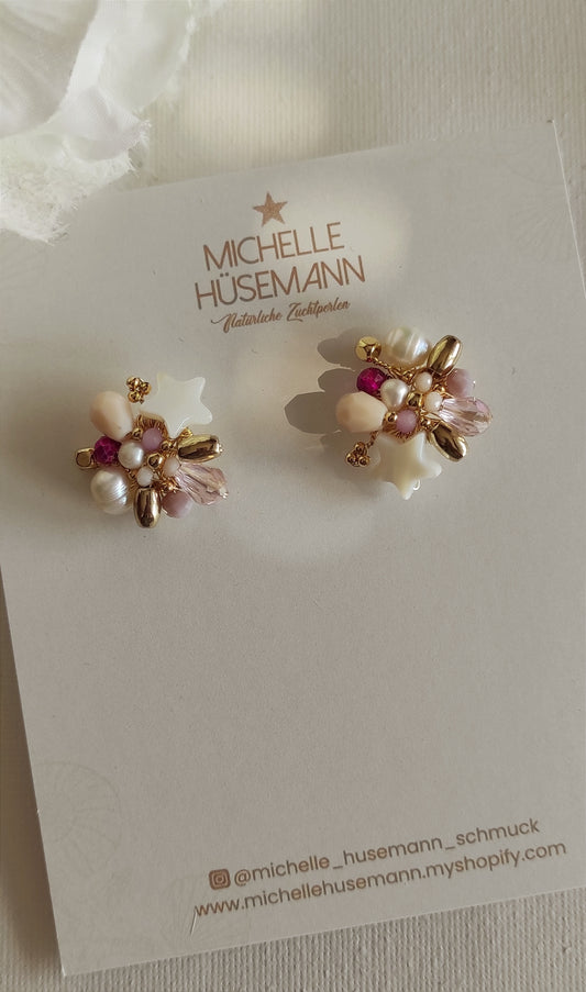 Spectacular earrings ESTRELLA FUGAZ with natural pearls, mother-of-pearl star and lampwork