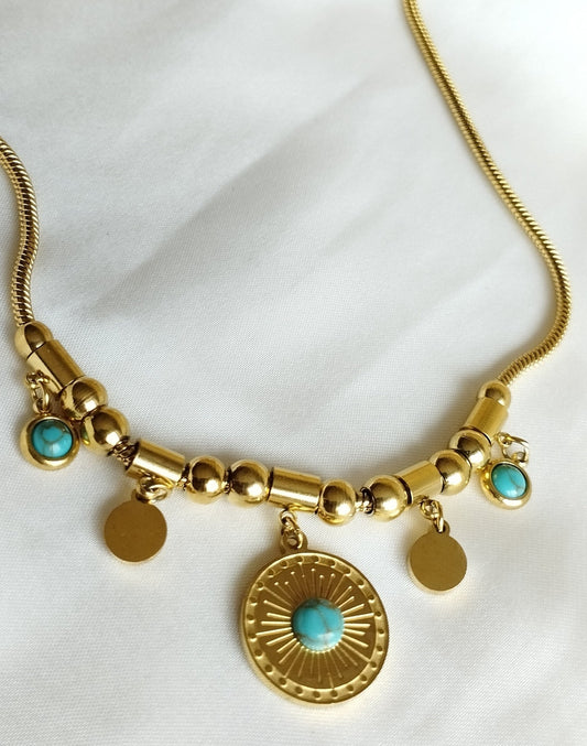 Beautiful multicharm necklace ARES (with turquoise stones and white zirconia stone)